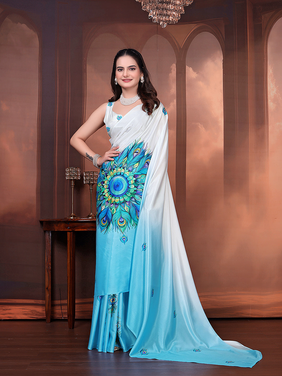 Ready to Wear Silk Crepe Floral Print Saree with Unstitched Blouse for Party Wear