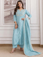 Embroidery Vichitra Silk Anarkali Kurta Pant Set With Dupatta