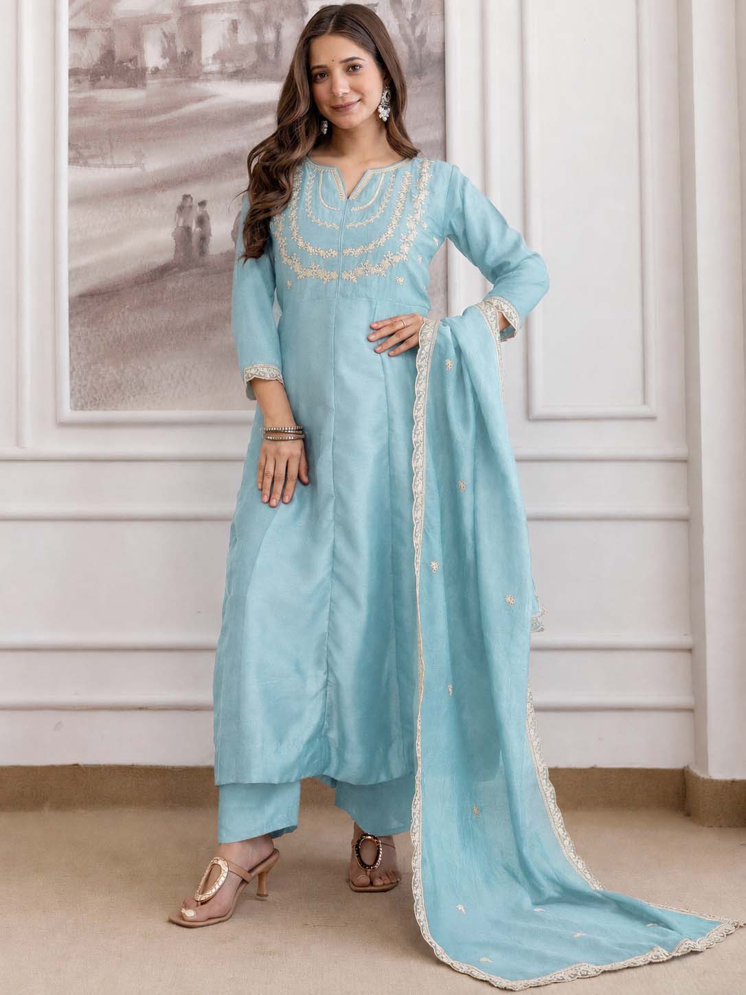 Embroidery Vichitra Silk Anarkali Kurta Pant Set With Dupatta