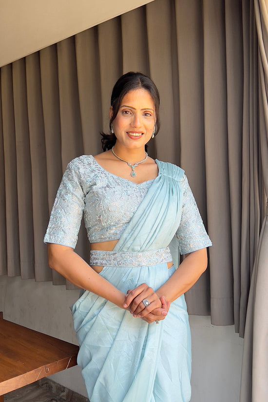 Ready To Wear Chinon Embroidery Work Saree With Stitched Blouse