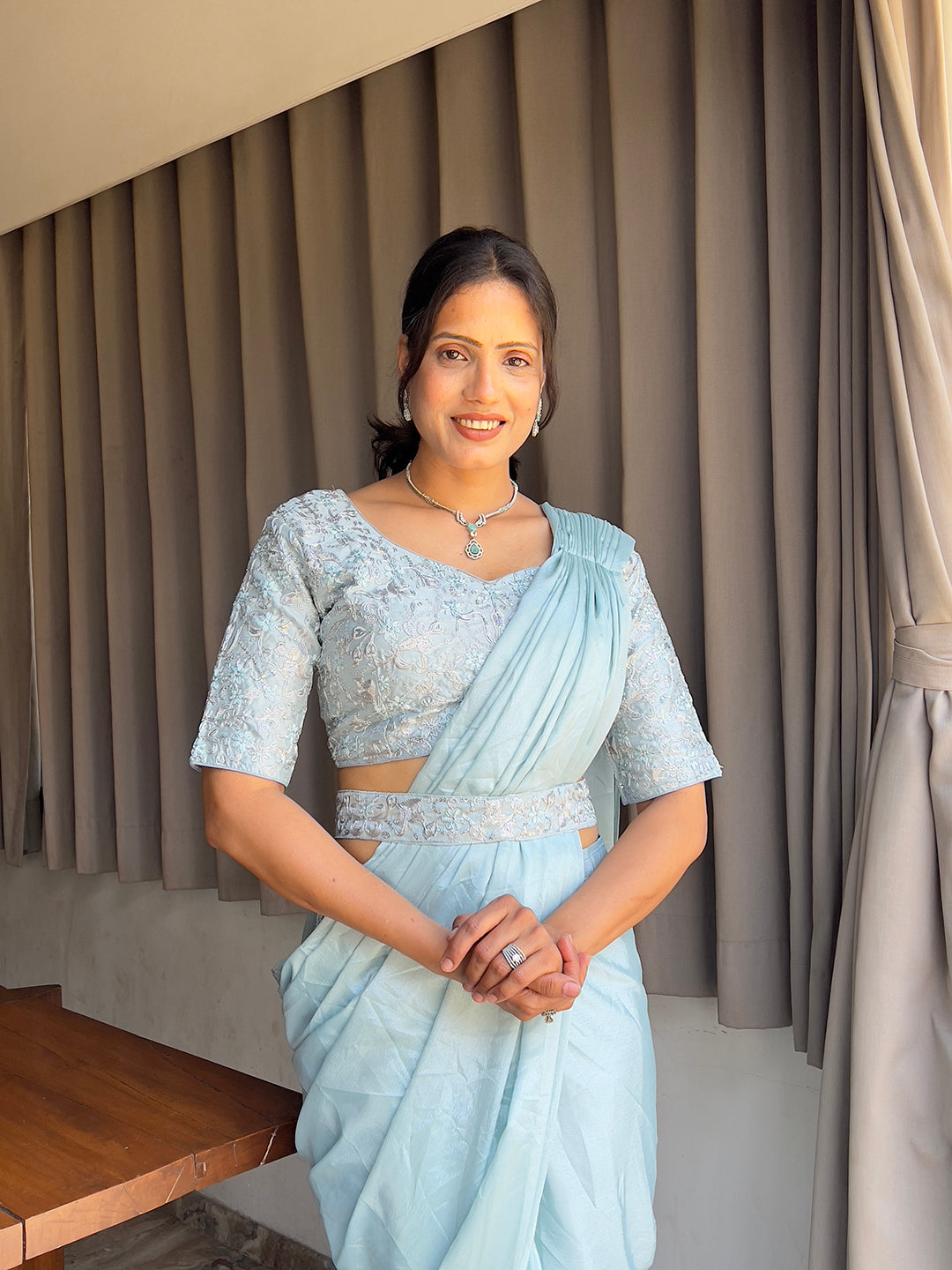 Ready To Wear Chinon Embroidery Work Saree With Stitched Blouse