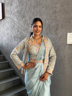 Heavy Chinon Jacket Saree With Blouse and Cording Embroidered Work