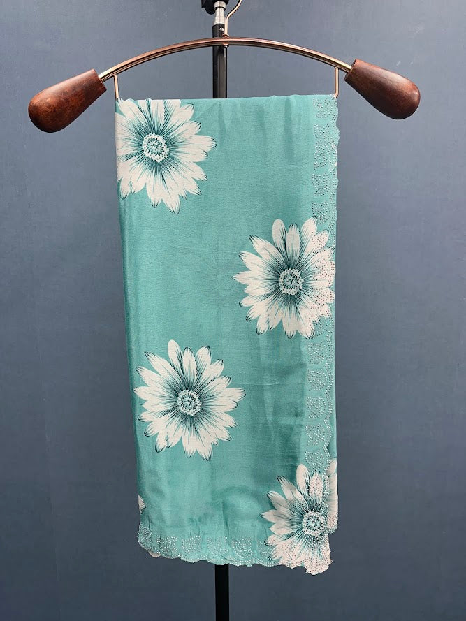 Elegant Printed Chinon Saree with Sparkling Siroksi Diamond Work Border