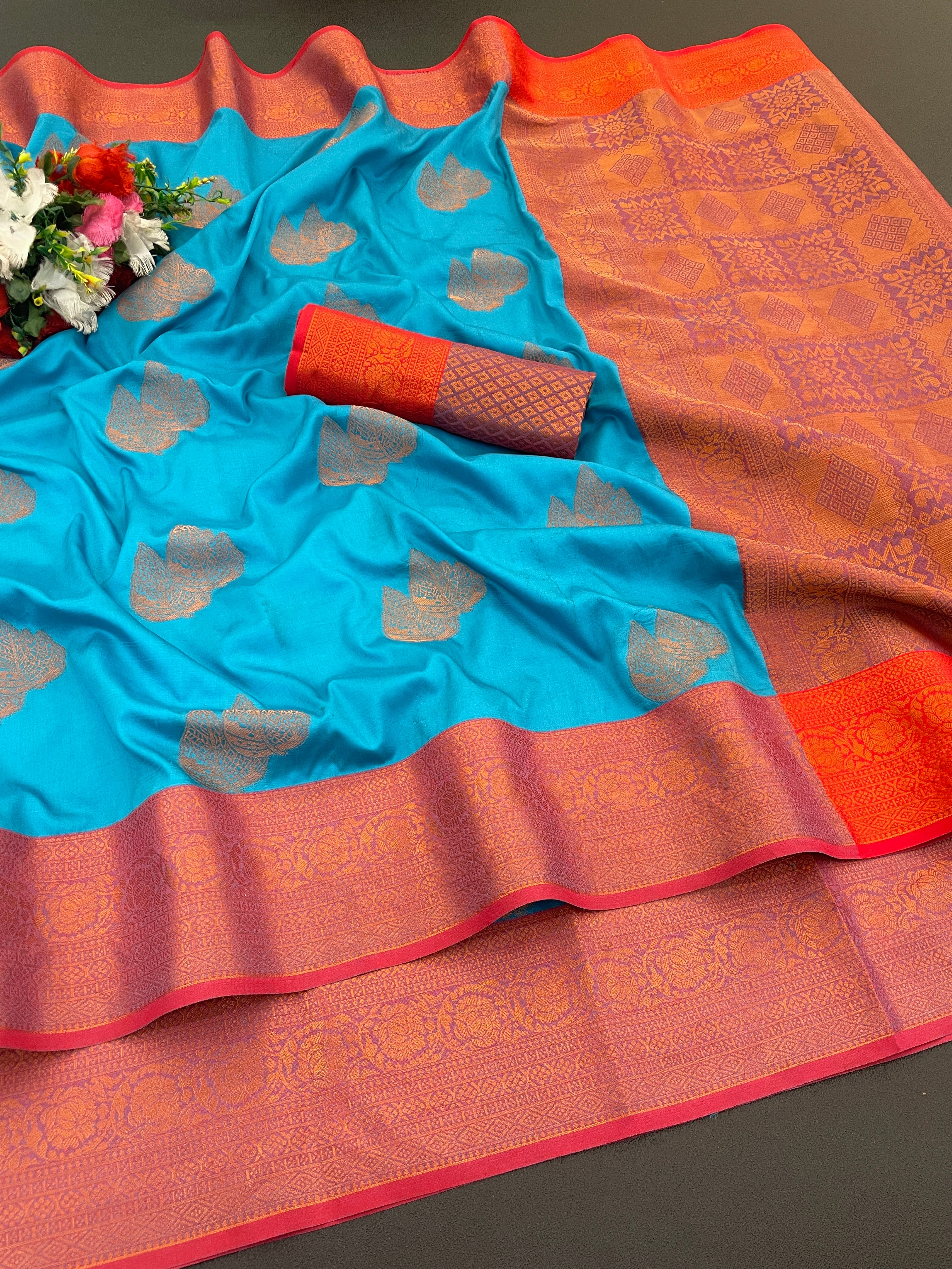 Woven Kanjivaram Soft Silk Copper Rich Pallu Saree