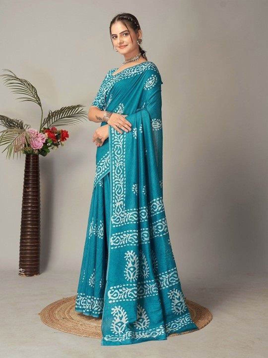 Ready to wear mulmul cotton printed saree – sky blue, view 2