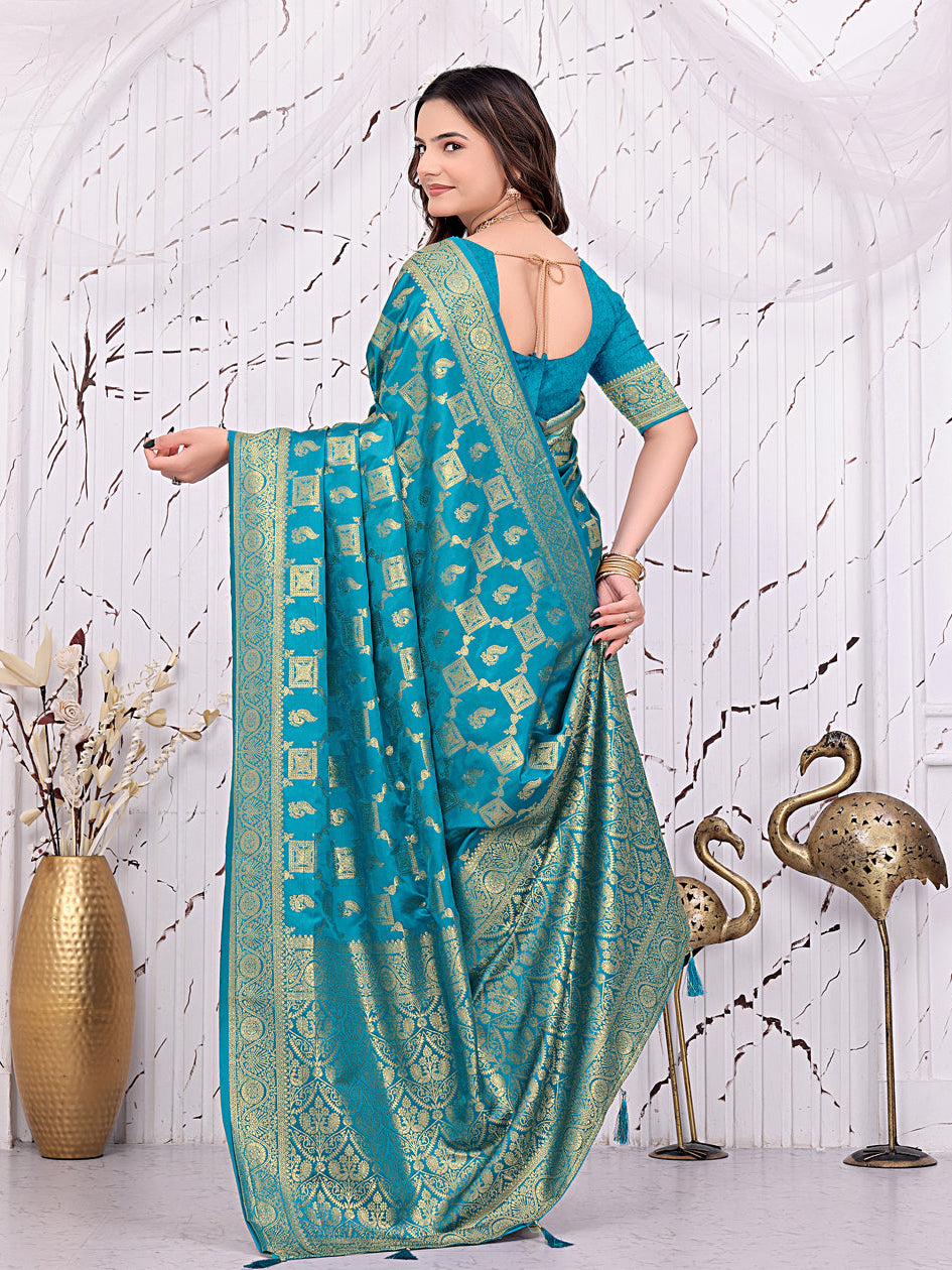 Banarasi Ready-to-Wear Saree with Traditional Woven Zari Motifs and Decorative Pallu.
