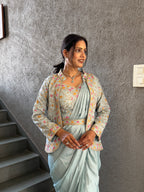 Heavy Chinon Jacket Saree With Blouse and Cording Embroidered Work