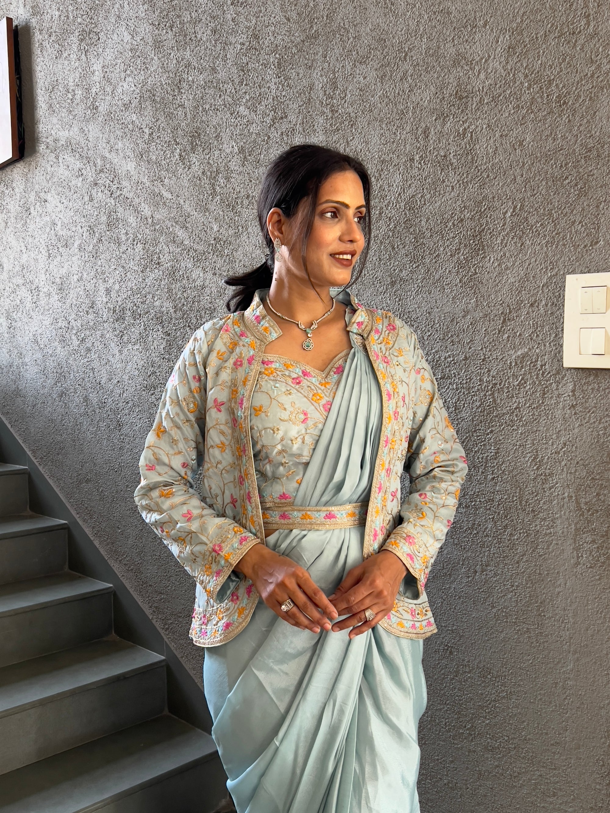Heavy Chinon Jacket Saree With Blouse and Cording Embroidered Work