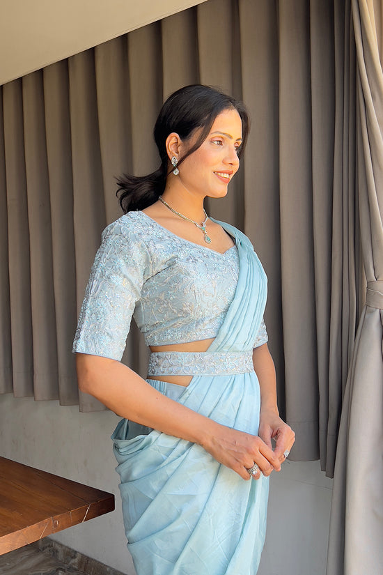 Ready To Wear Chinon Embroidery Work Saree With Stitched Blouse