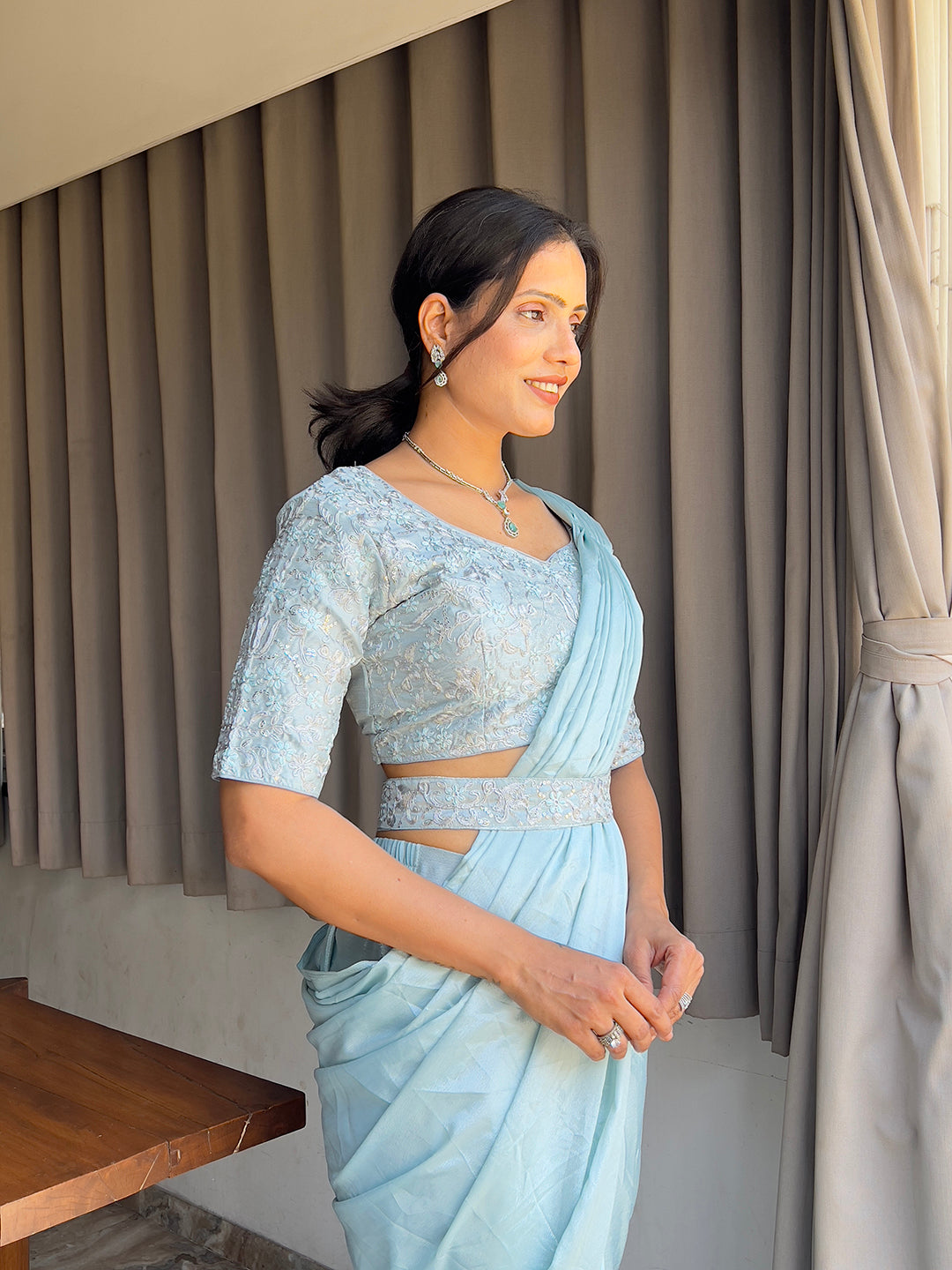 Ready To Wear Chinon Embroidery Work Saree With Stitched Blouse