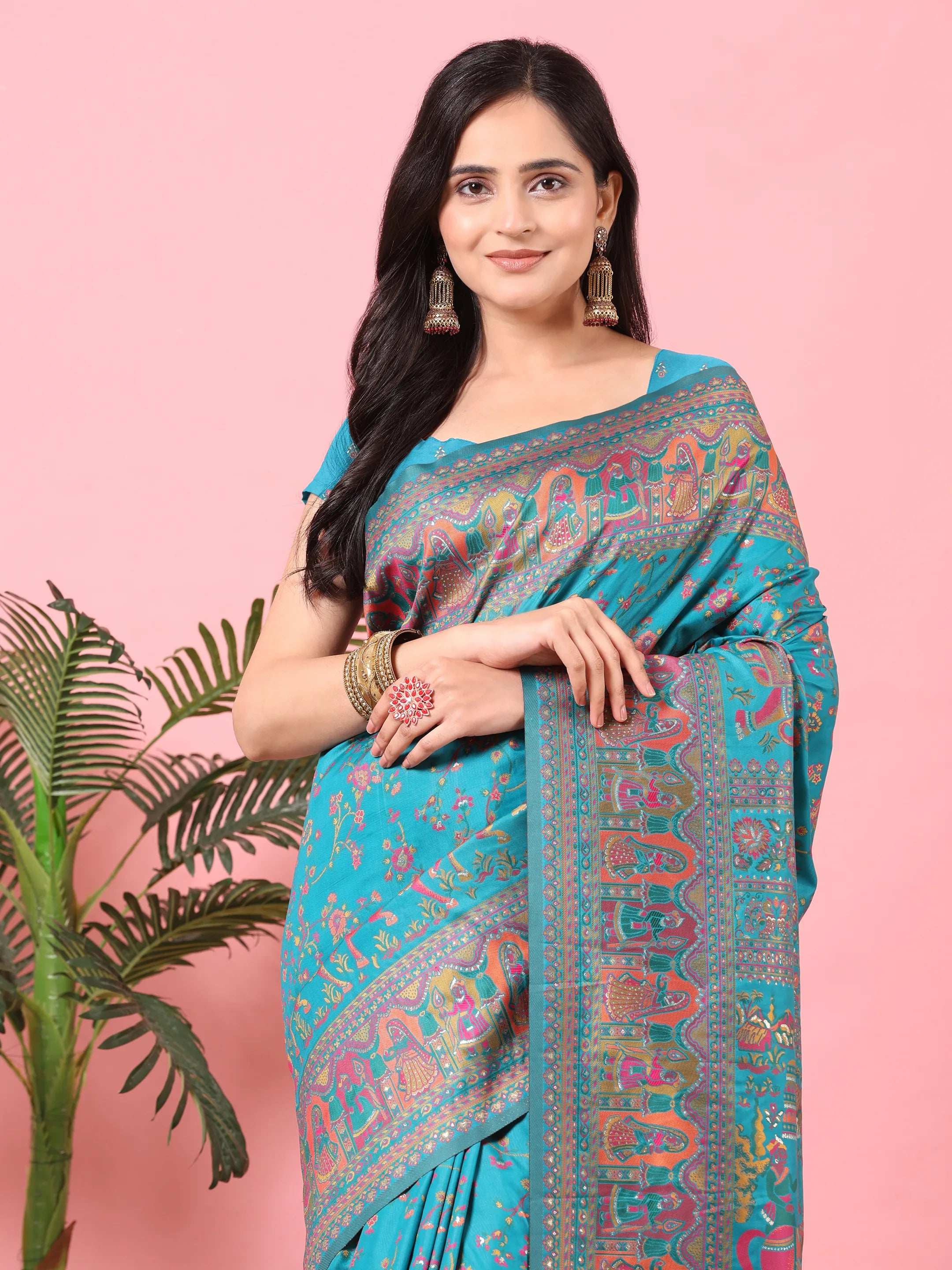 Floral Printed Woven Zari Pashmina Saree