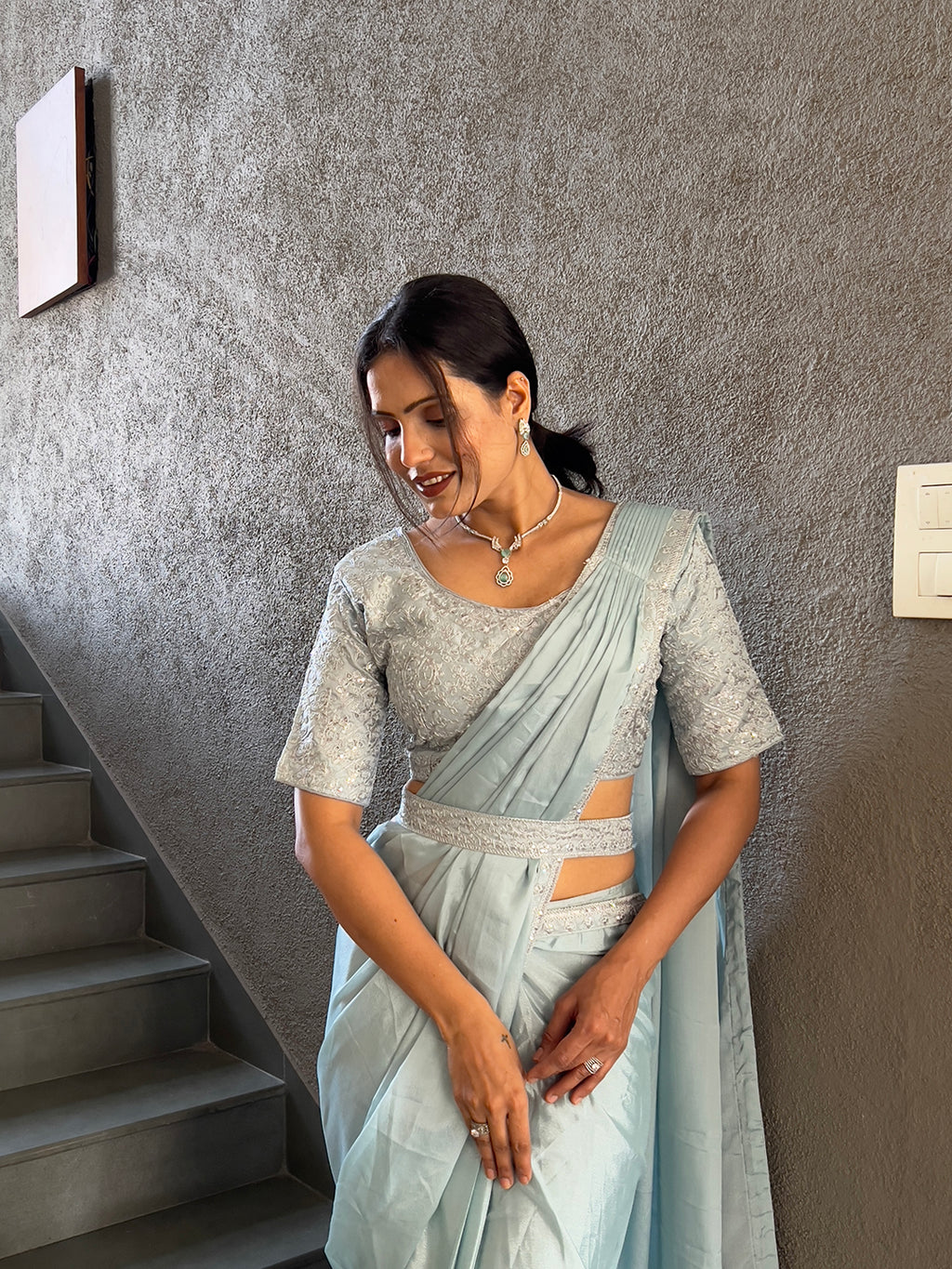 Ready To Wear Chinnon Embroidery Work Saree With Stitched Blouse