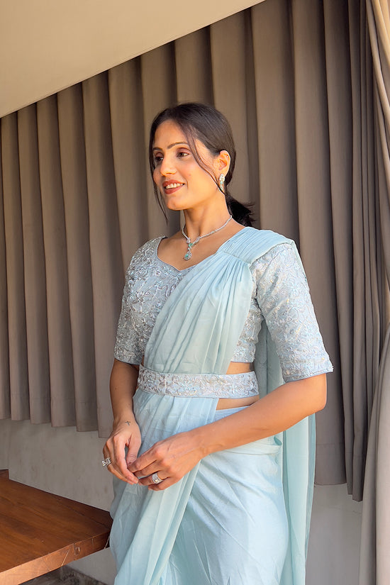 Ready To Wear Chinon Embroidery Work Saree With Stitched Blouse