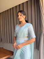 Ready To Wear Chinon Embroidery Work Saree With Stitched Blouse