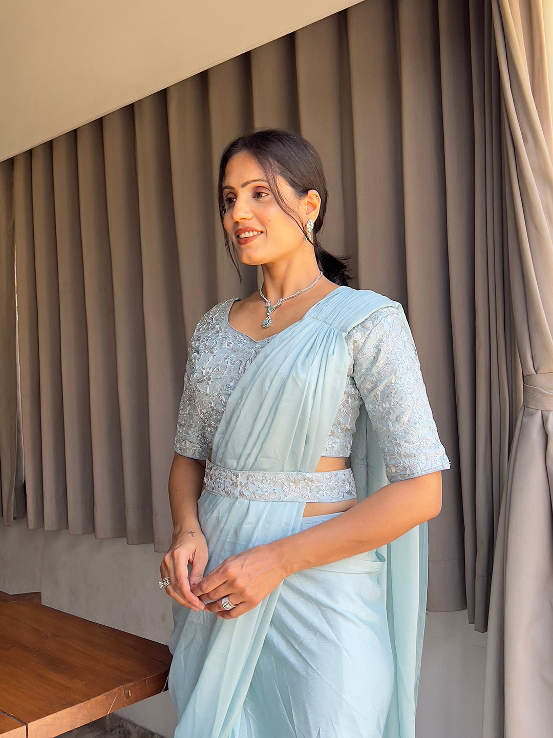 Ready To Wear Chinon Embroidery Work Saree With Stitched Blouse