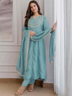 Embroidery Vichitra Silk Anarkali Kurta Pant Set With Dupatta