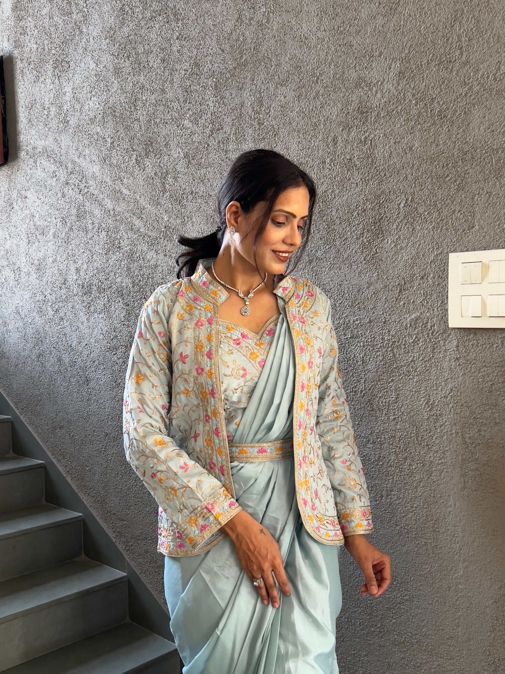 Heavy Chinon Jacket Saree With Blouse and Cording Embroidered Work