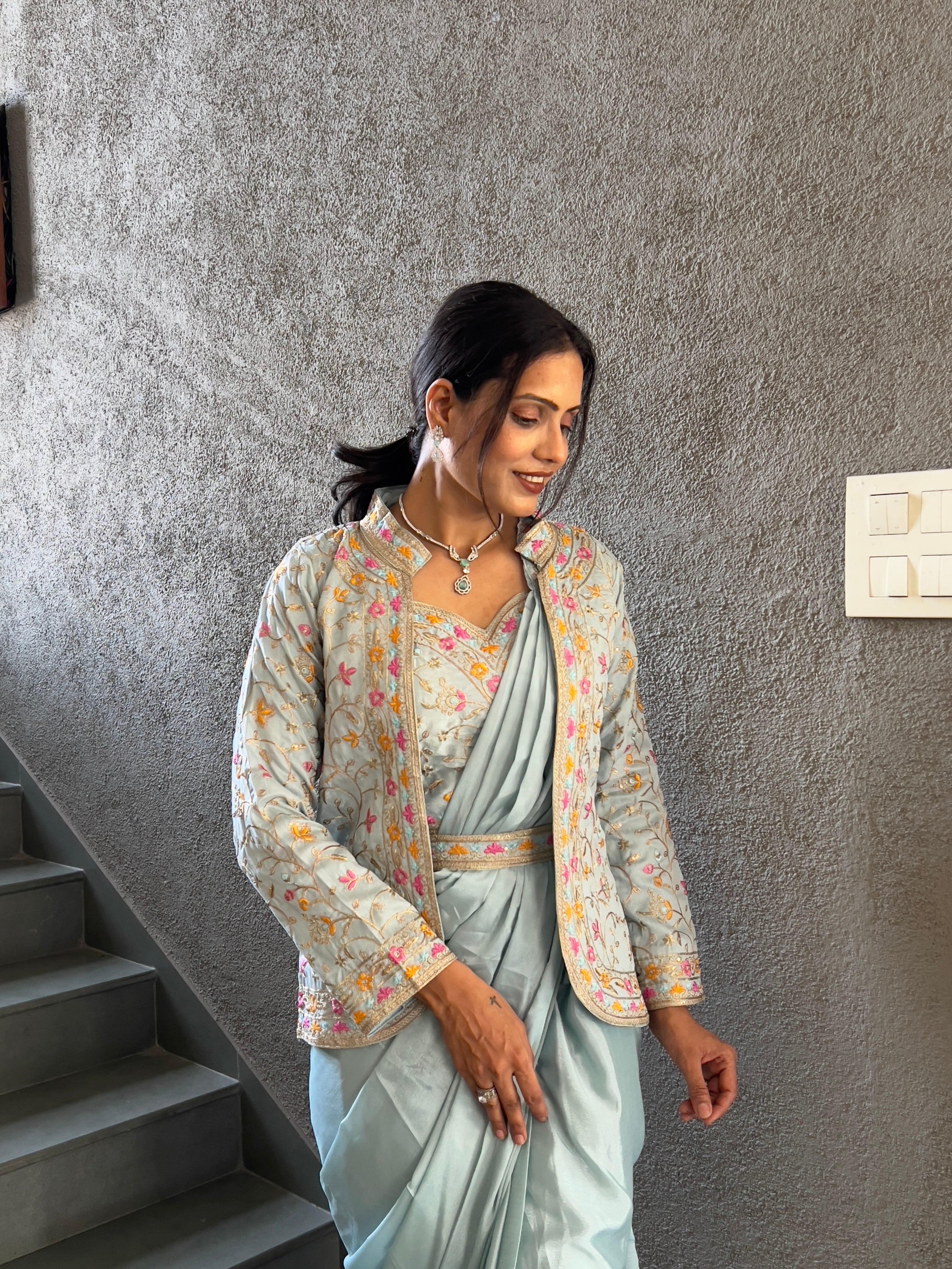 Heavy Chinon Jacket Saree With Blouse and Cording Embroidered Work