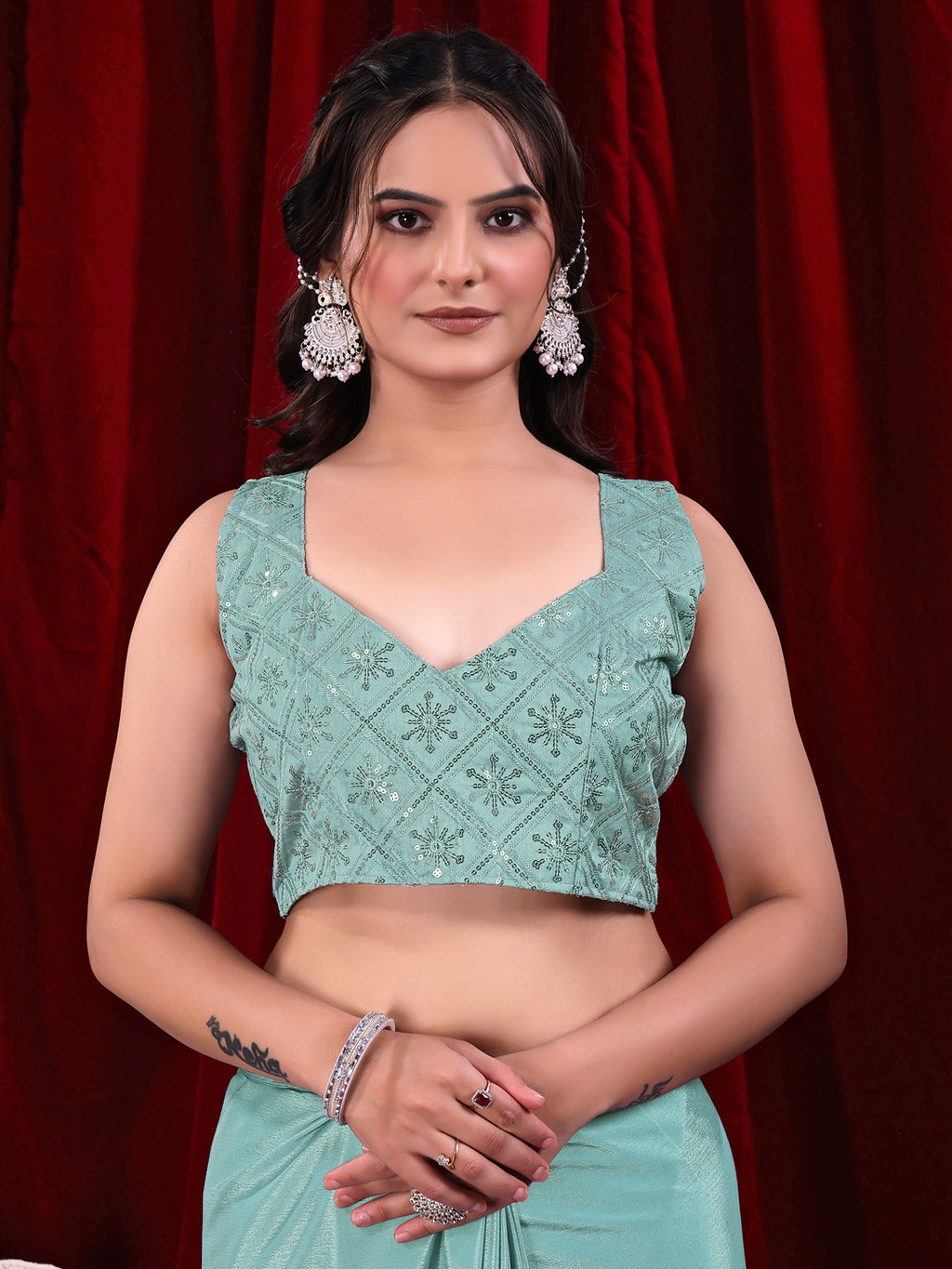 Chinon Solid Saree with Embroidered Lace Border