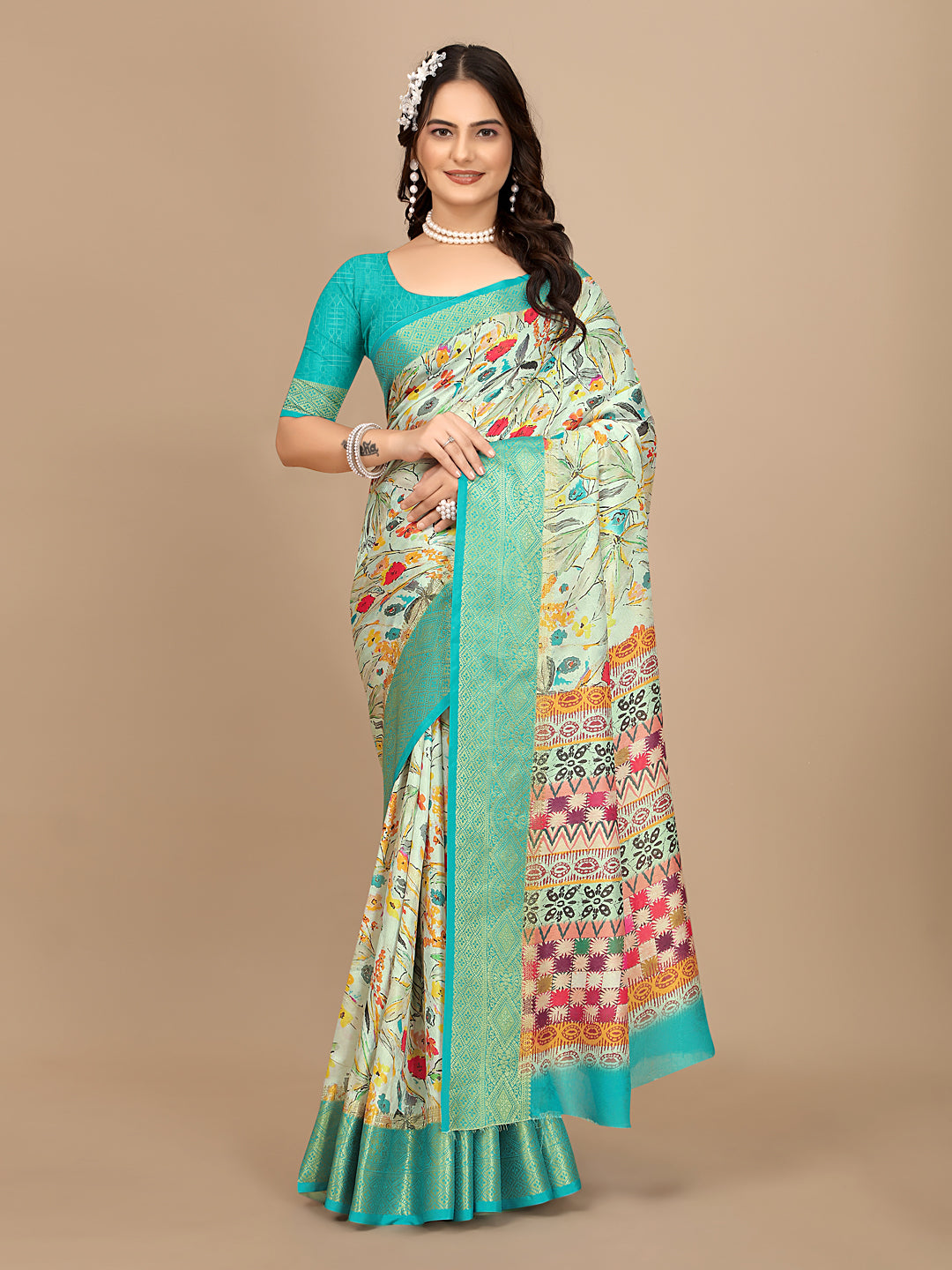 Moss Chiffon Digital Print Woven Border Saree