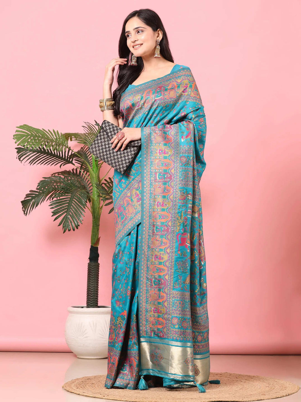 Floral Printed Woven Zari Pashmina Saree