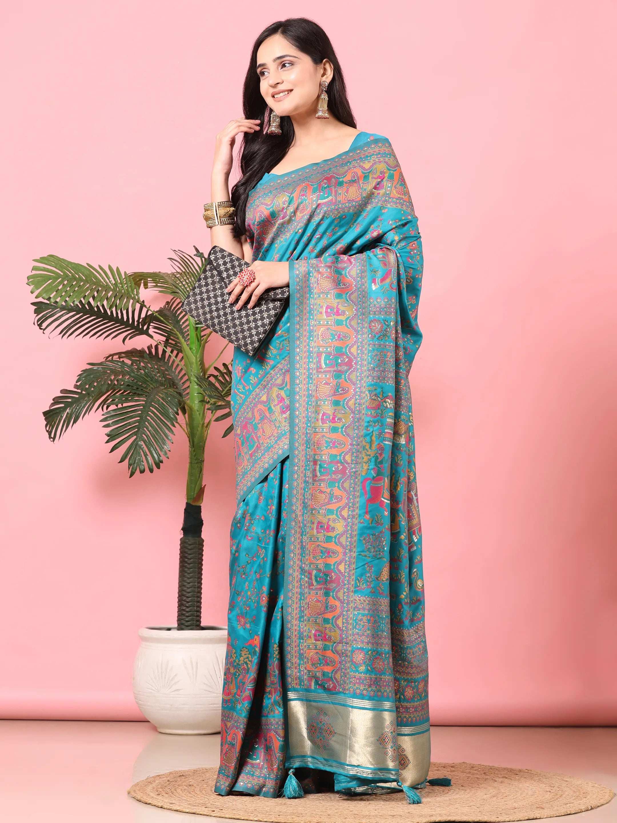 Floral Printed Woven Zari Pashmina Saree