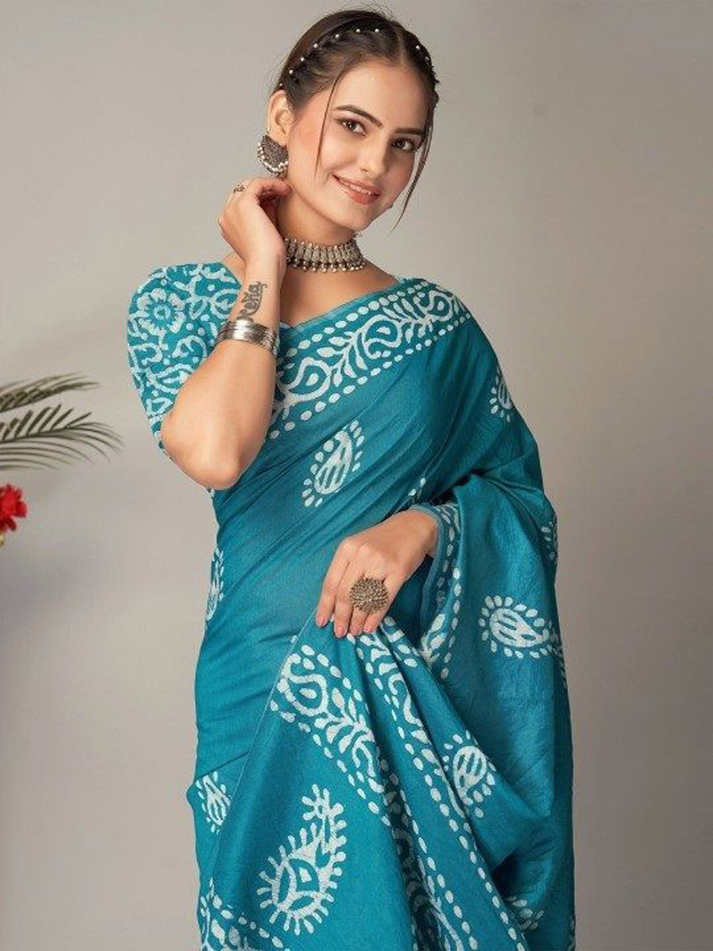 Ready to wear mulmul cotton printed saree – sky blue, view 3