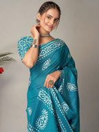 Ready to wear mulmul cotton printed saree – sky blue, view 3