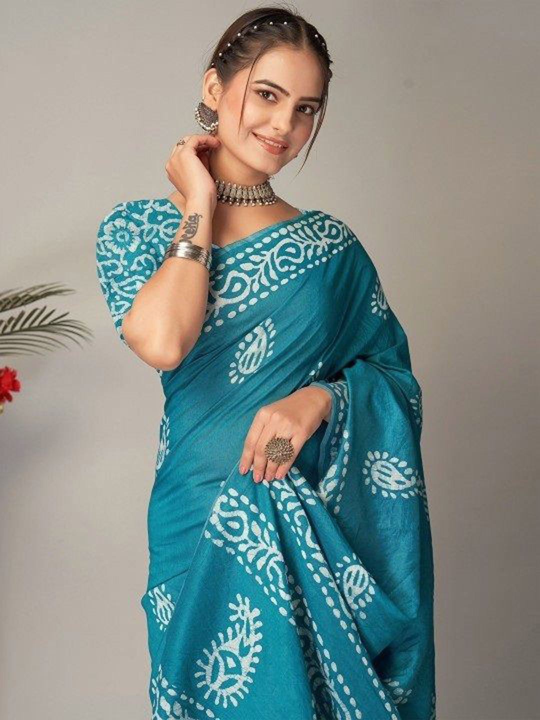 Ready to wear mulmul cotton printed saree – sky blue, view 3