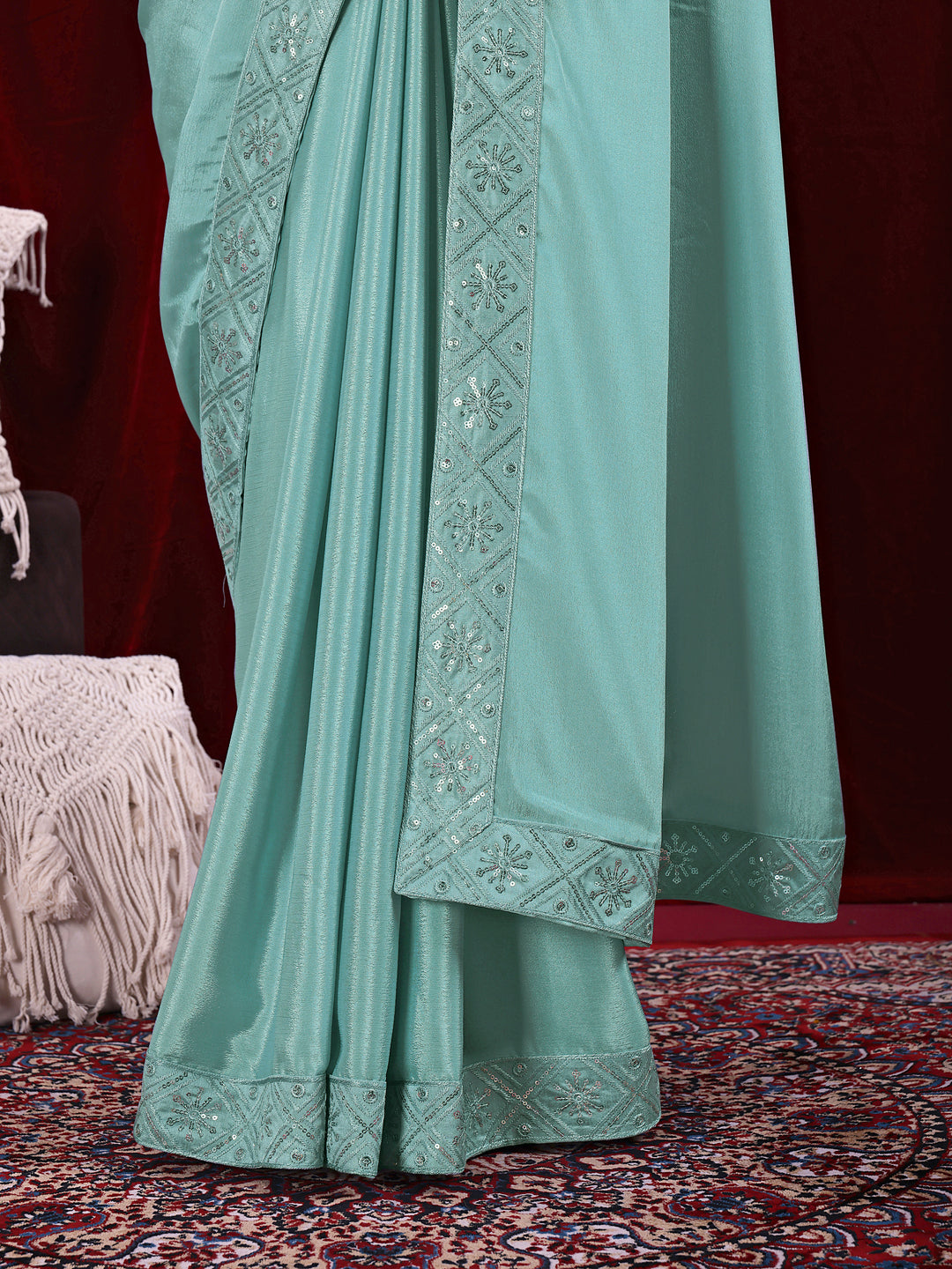 Chinon Solid Saree with Embroidered Lace Border