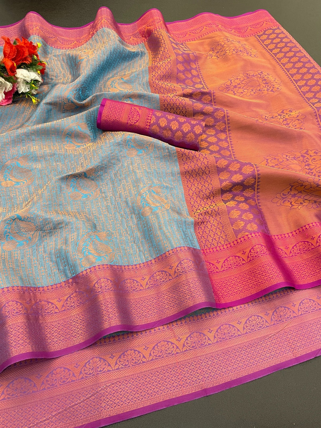 Woven Kanjivaram Soft Silk Copper Rich Pallu Saree
