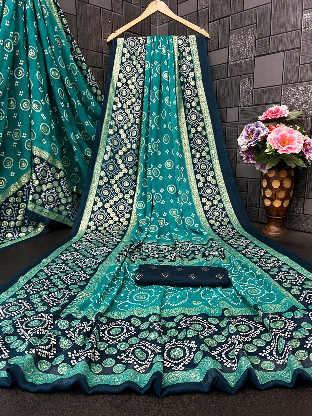 Bandhani Print Moss Chiffon Saree with Foil Accents and Matching Blouse Piece