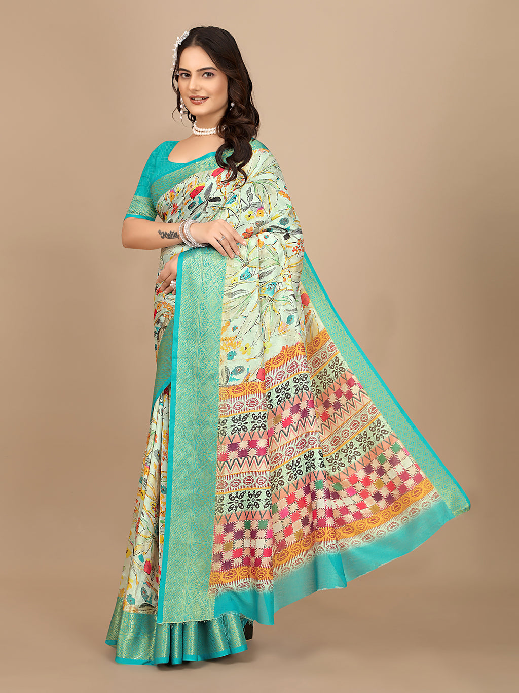 Moss Chiffon Digital Print Woven Border Saree