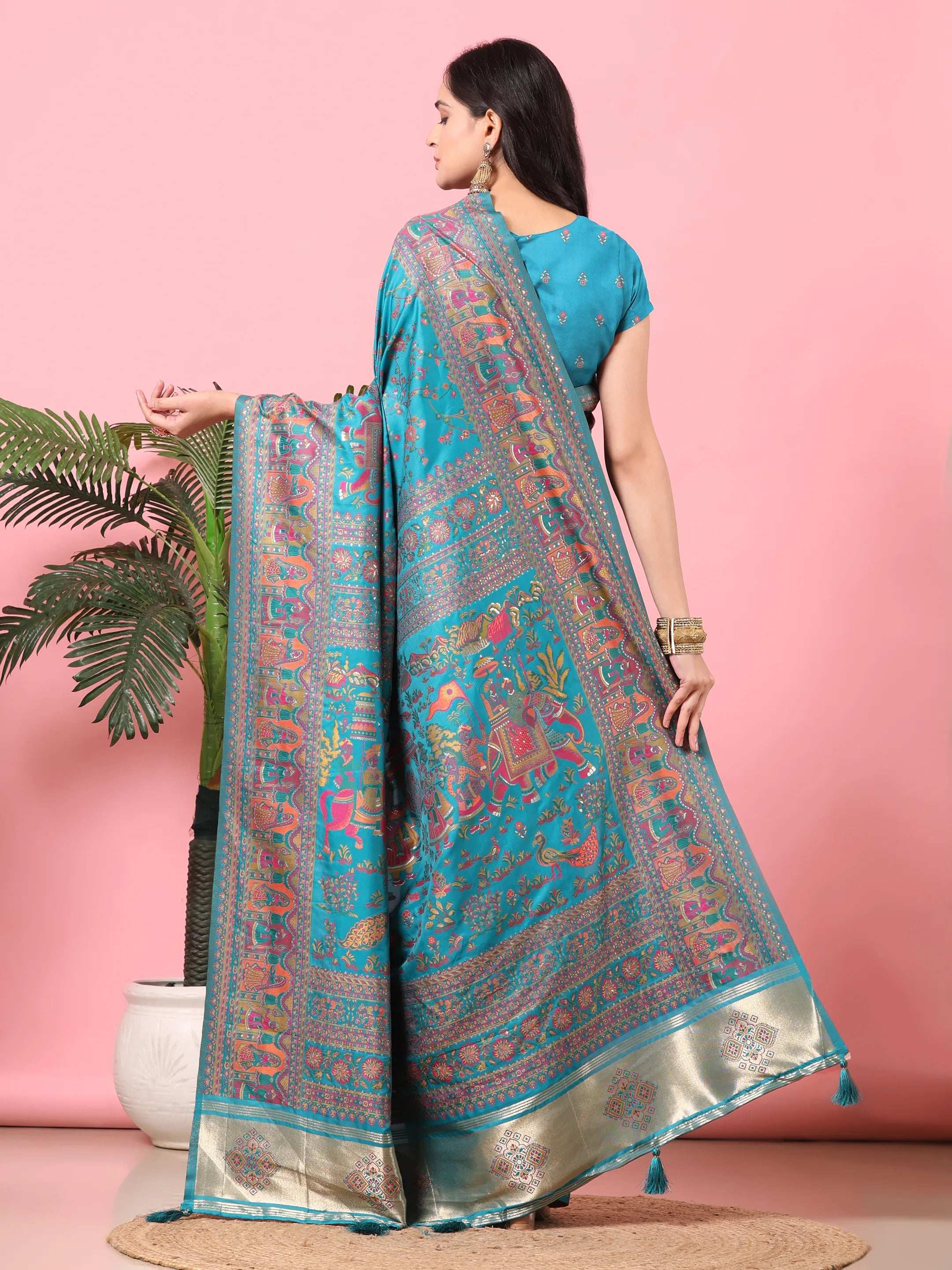 Floral Printed Woven Zari Pashmina Saree