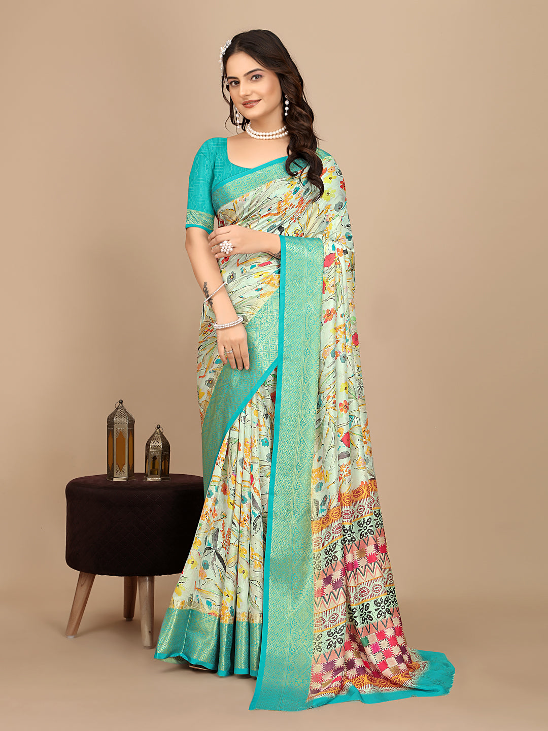 Moss Chiffon Digital Print Woven Border Saree