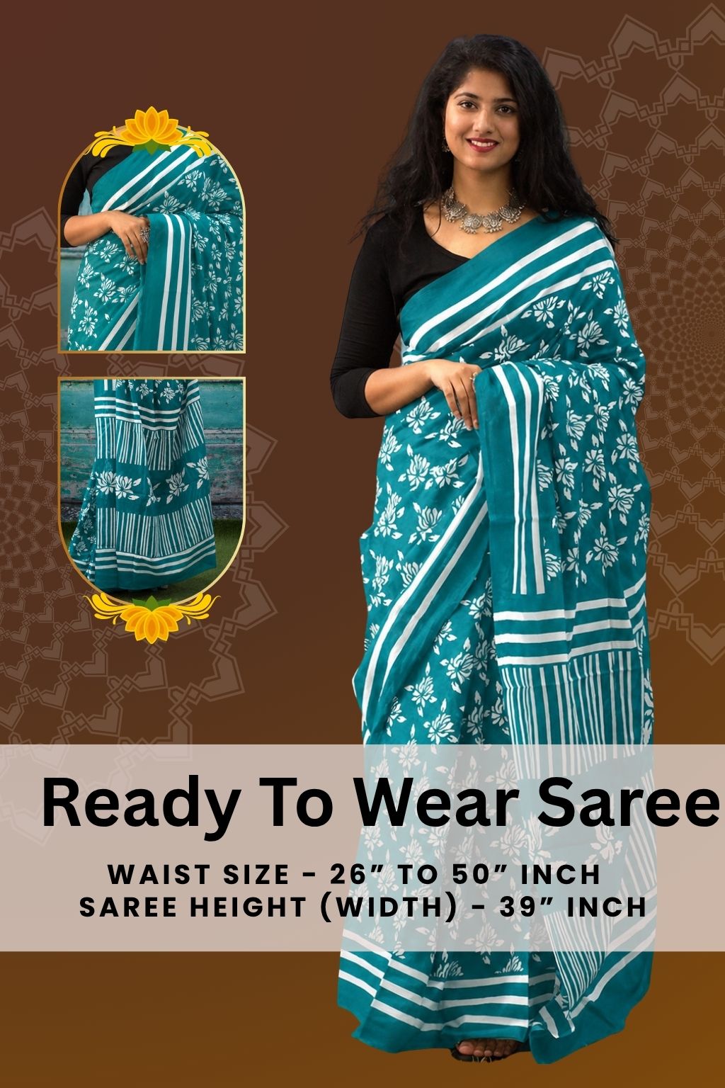 Jaipuri Mul Cotton Ready to Wear Saree for Women | Batik Floral Printed Pre-Draped Pre-Pleated Cotton Saree | Adjustable Waist 26–50 Inch