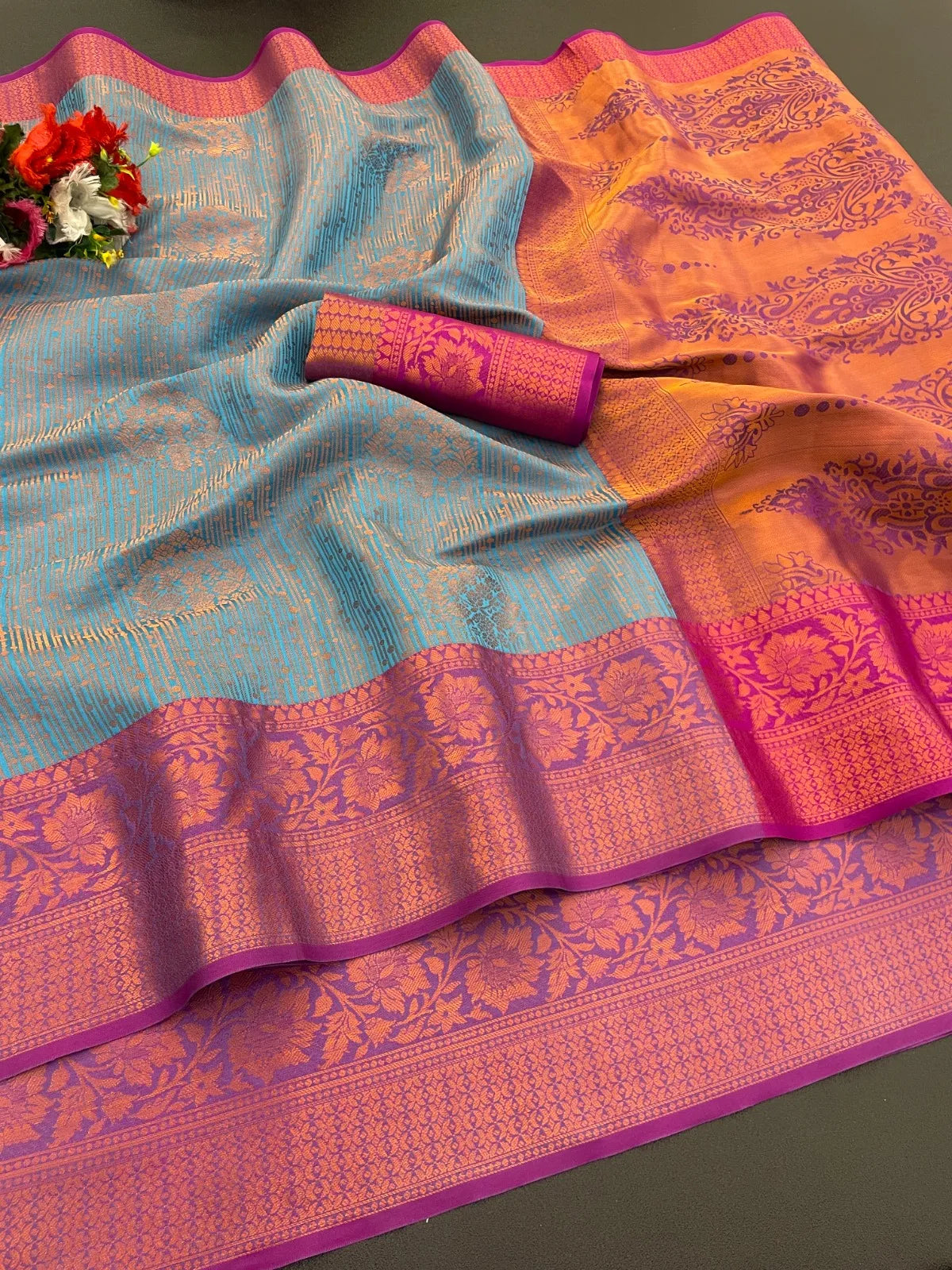 Woven Kanjivaram Soft Silk Copper Rich Pallu Saree