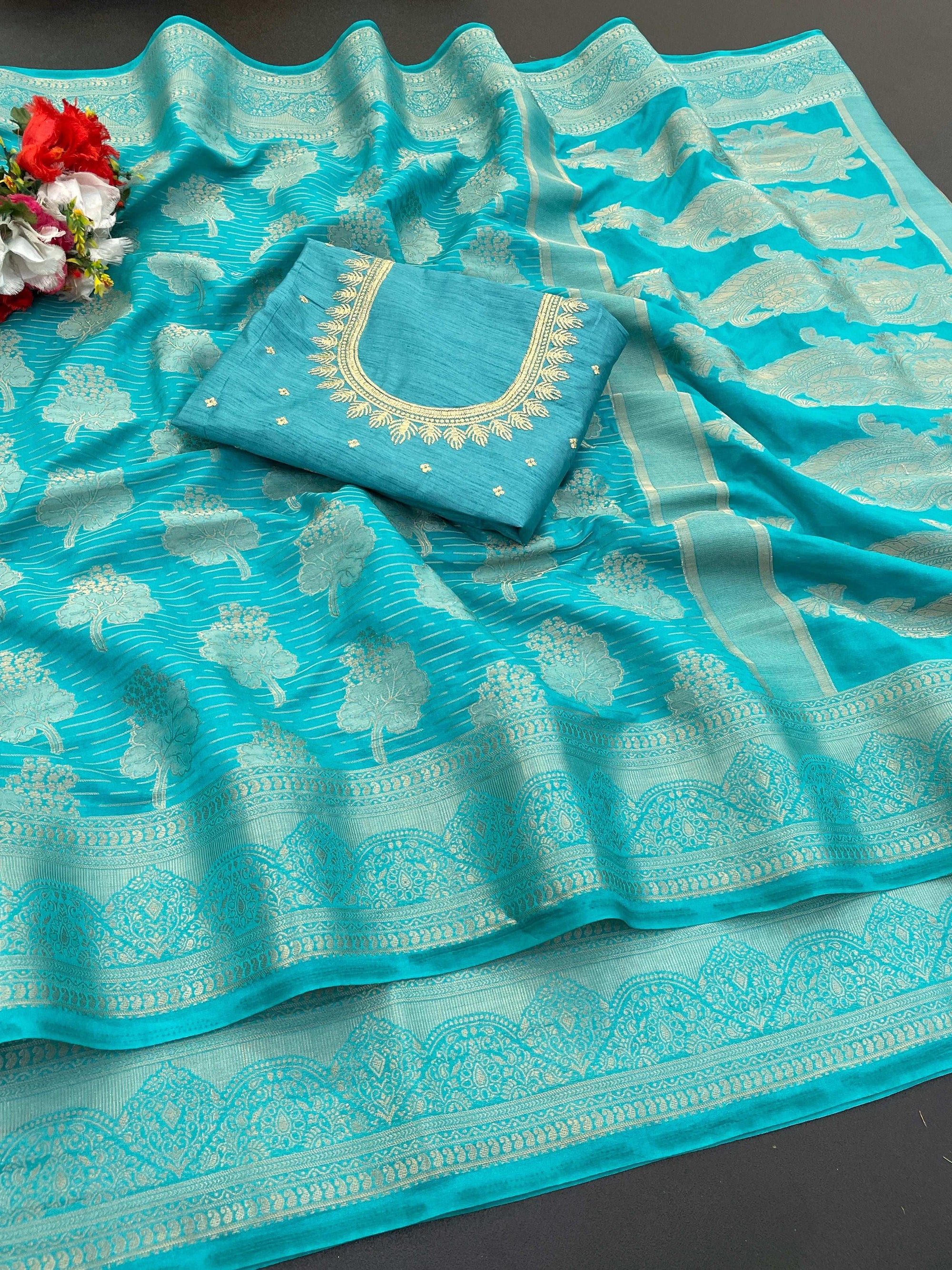Banarasi Georgette Jacquard Saree With Embroidered Blouse