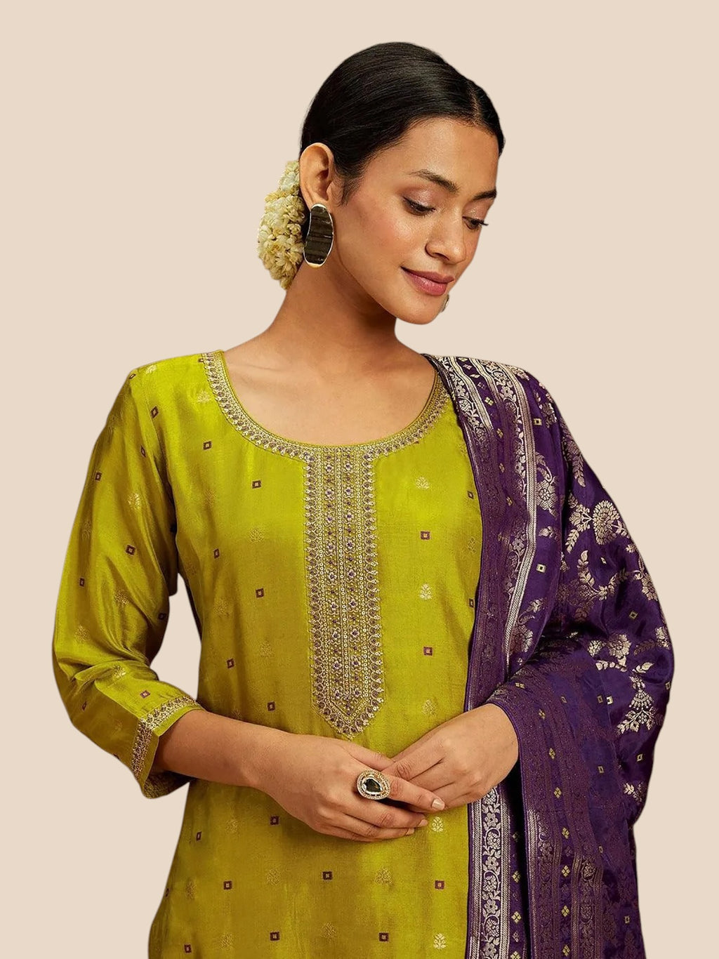 Women's Banarasi Art Silk Fabric Three Piece Kurti Suit Set