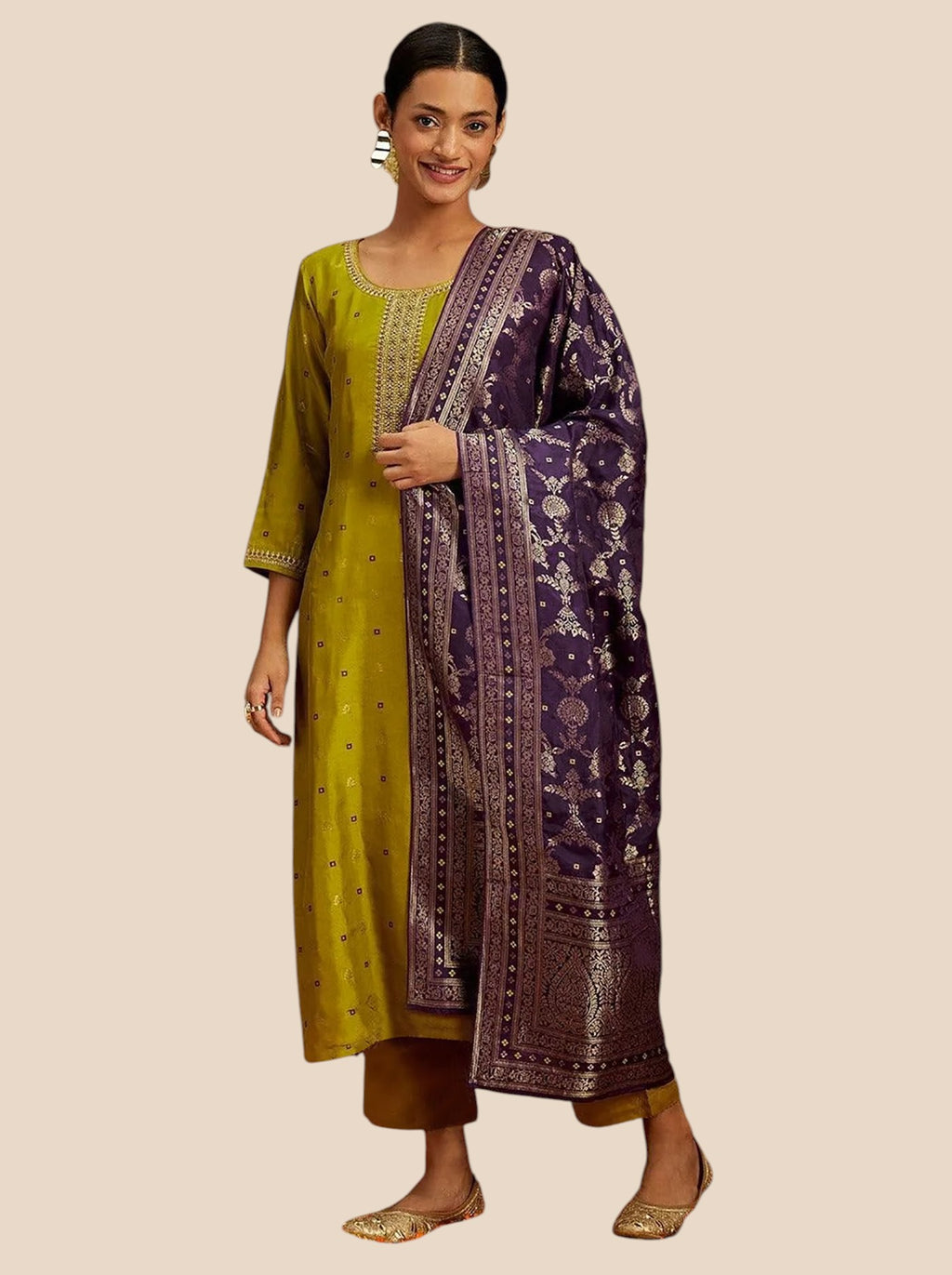 Women's Banarasi Art Silk Fabric Three Piece Kurti Suit Set