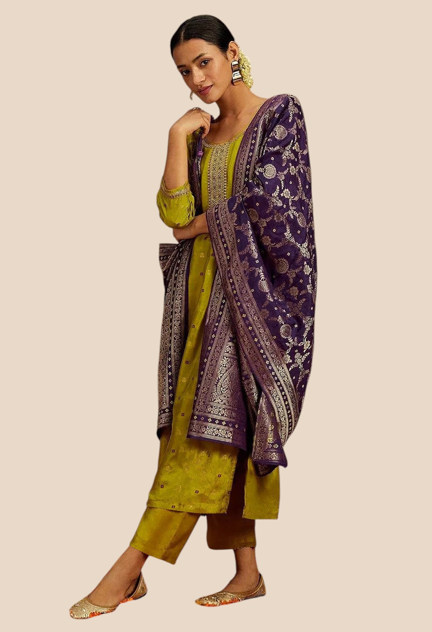 Women's Banarasi Art Silk Fabric Three Piece Kurti Suit Set