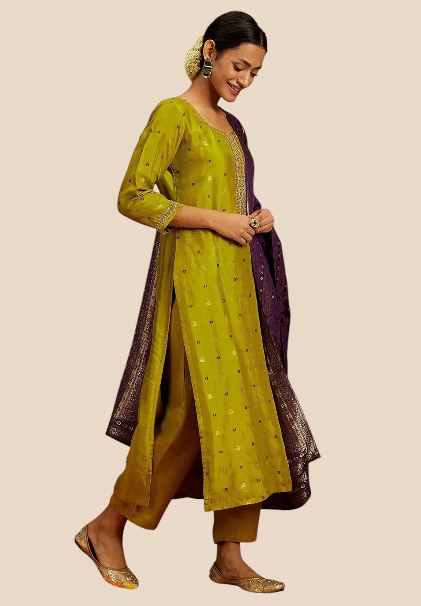 Women's Banarasi Art Silk Fabric Three Piece Kurti Suit Set