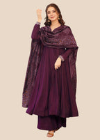 Purple Vichitra Anarkali Kurta Set with Bandhani Printed Dupatta