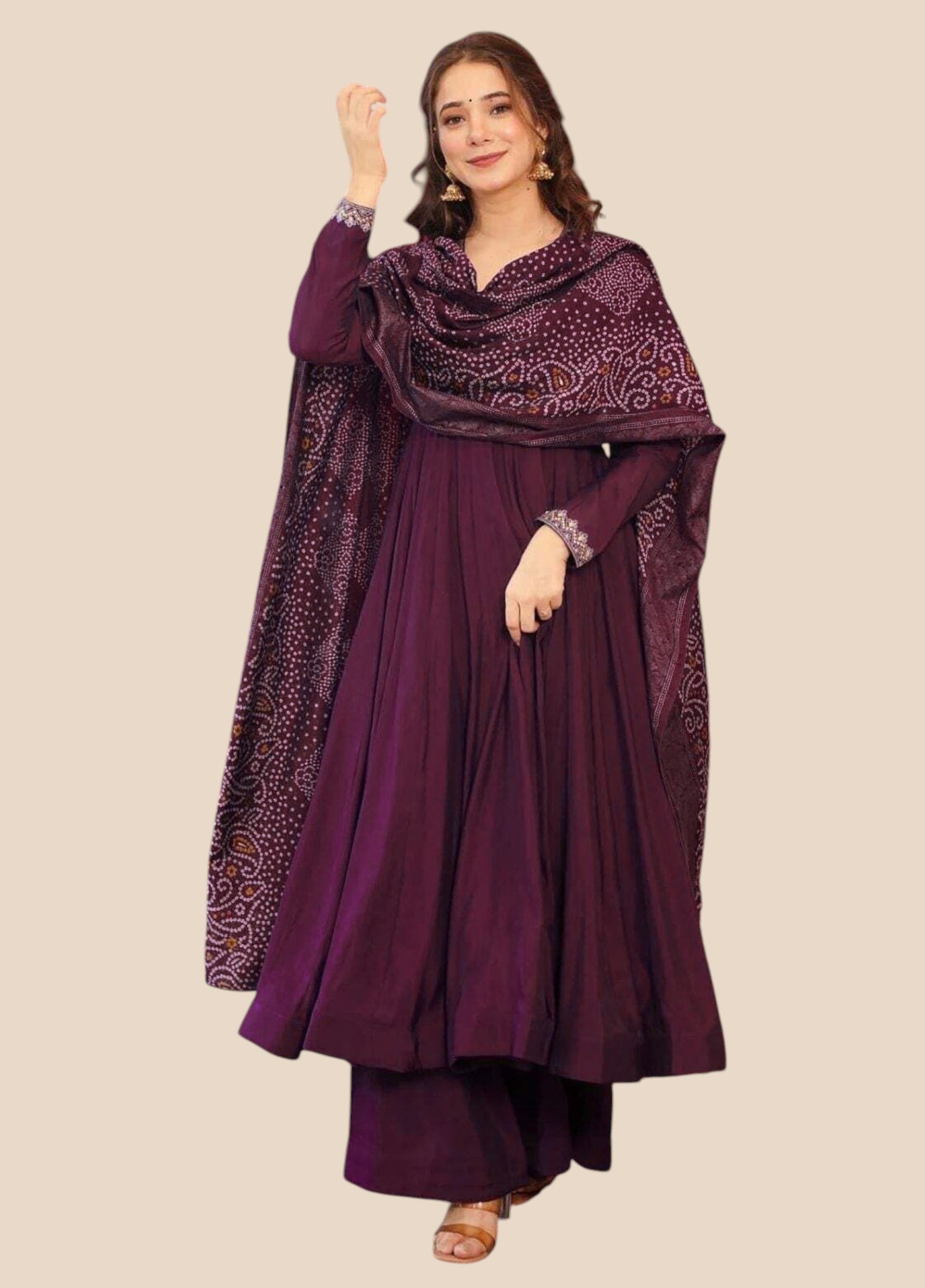 Purple Vichitra Anarkali Kurta Set with Bandhani Printed Dupatta