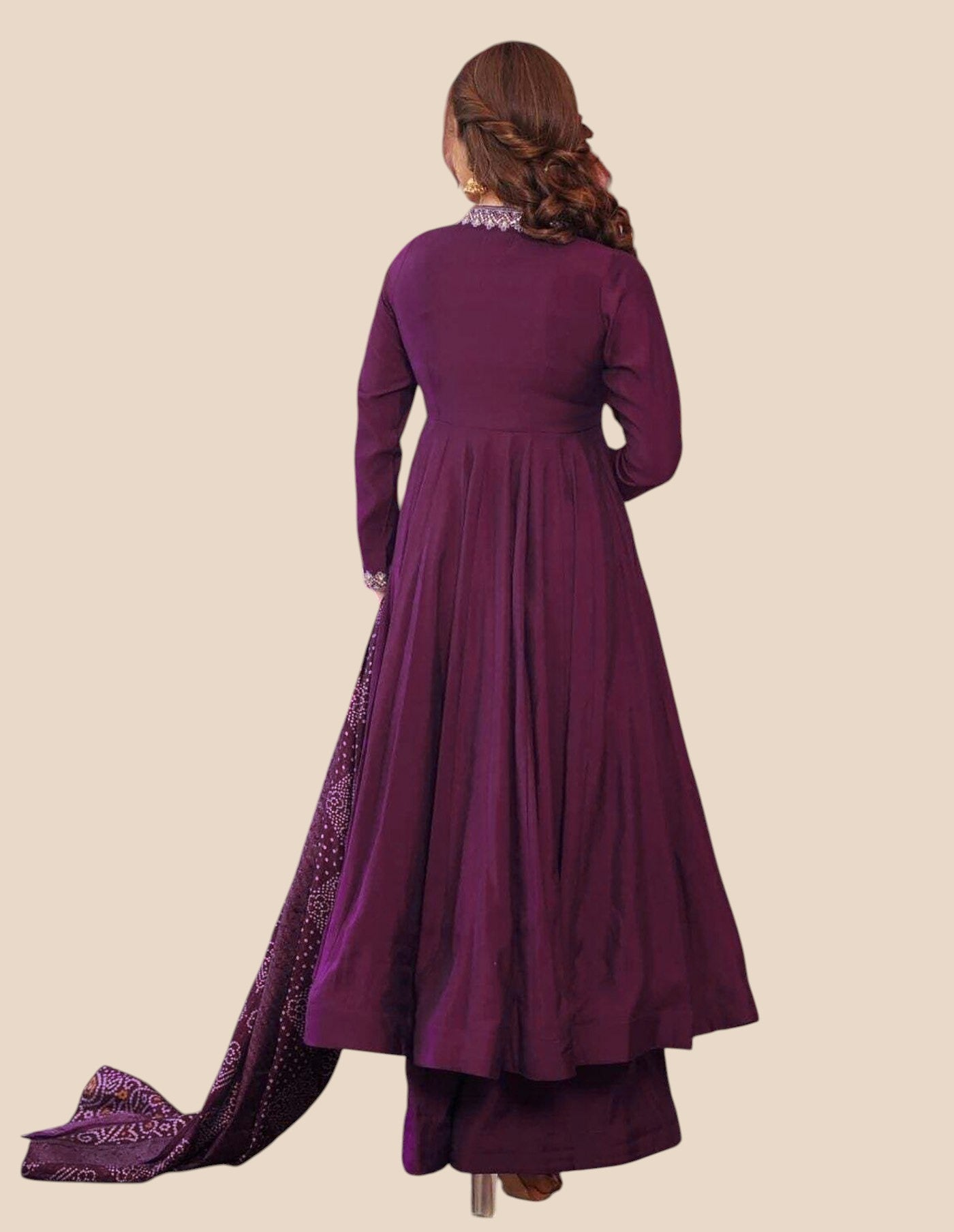 Purple Vichitra Anarkali Kurta Set with Bandhani Printed Dupatta