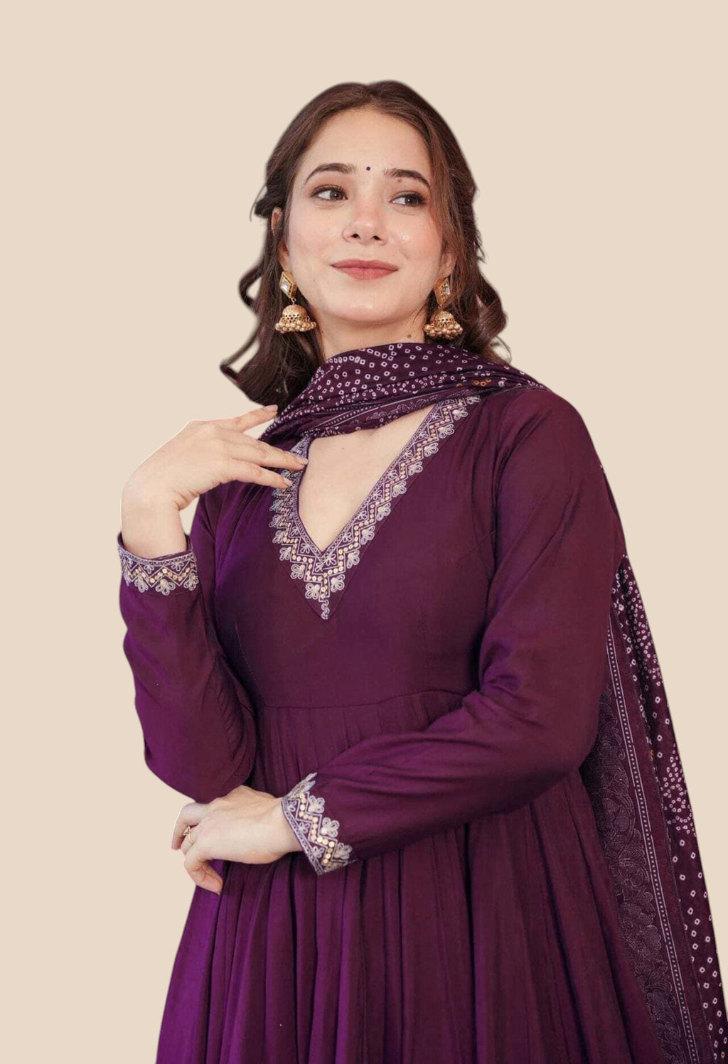Purple Vichitra Anarkali Kurta Set with Bandhani Printed Dupatta