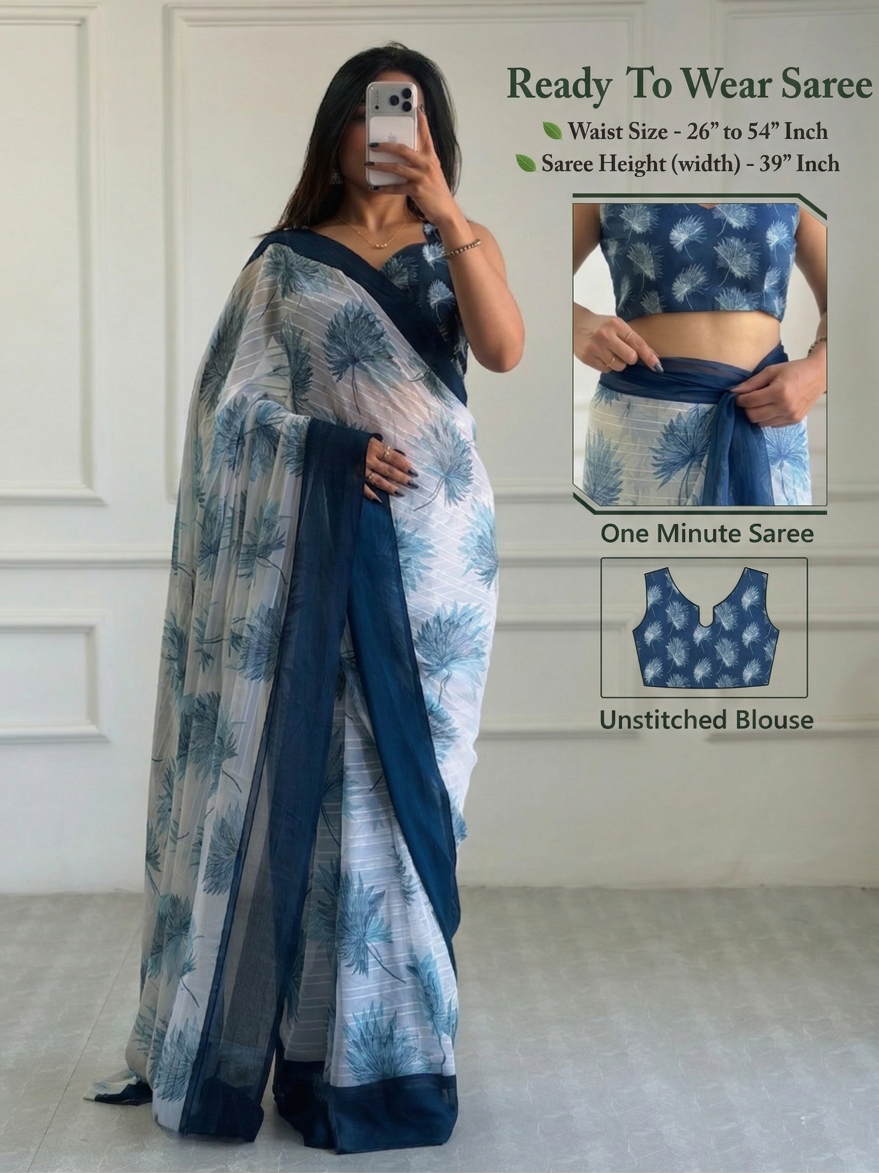 1-Mintue Ready To Wear Chiffon Printed Saree
