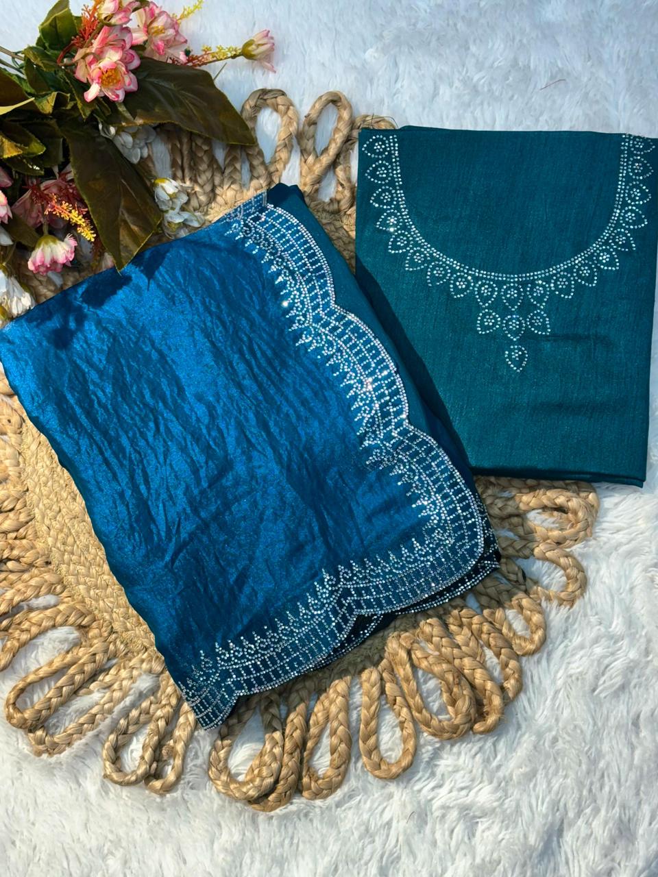 Two-Tone Satin Saree with Exquisite Diamond Cutwork Border