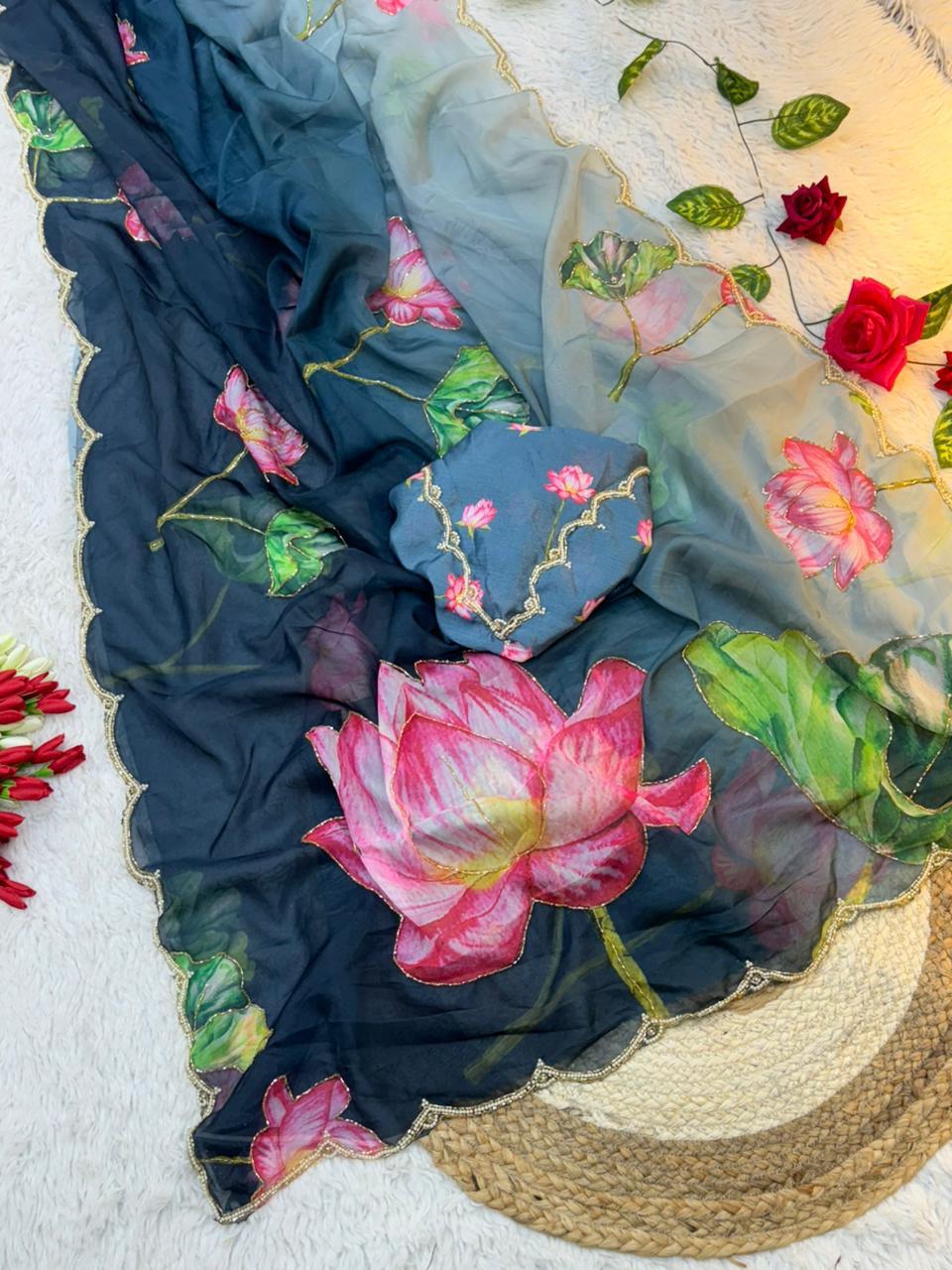 Celebrity Style Tabi Organza Saree with Padded Florals and Cut Dana Hand Work