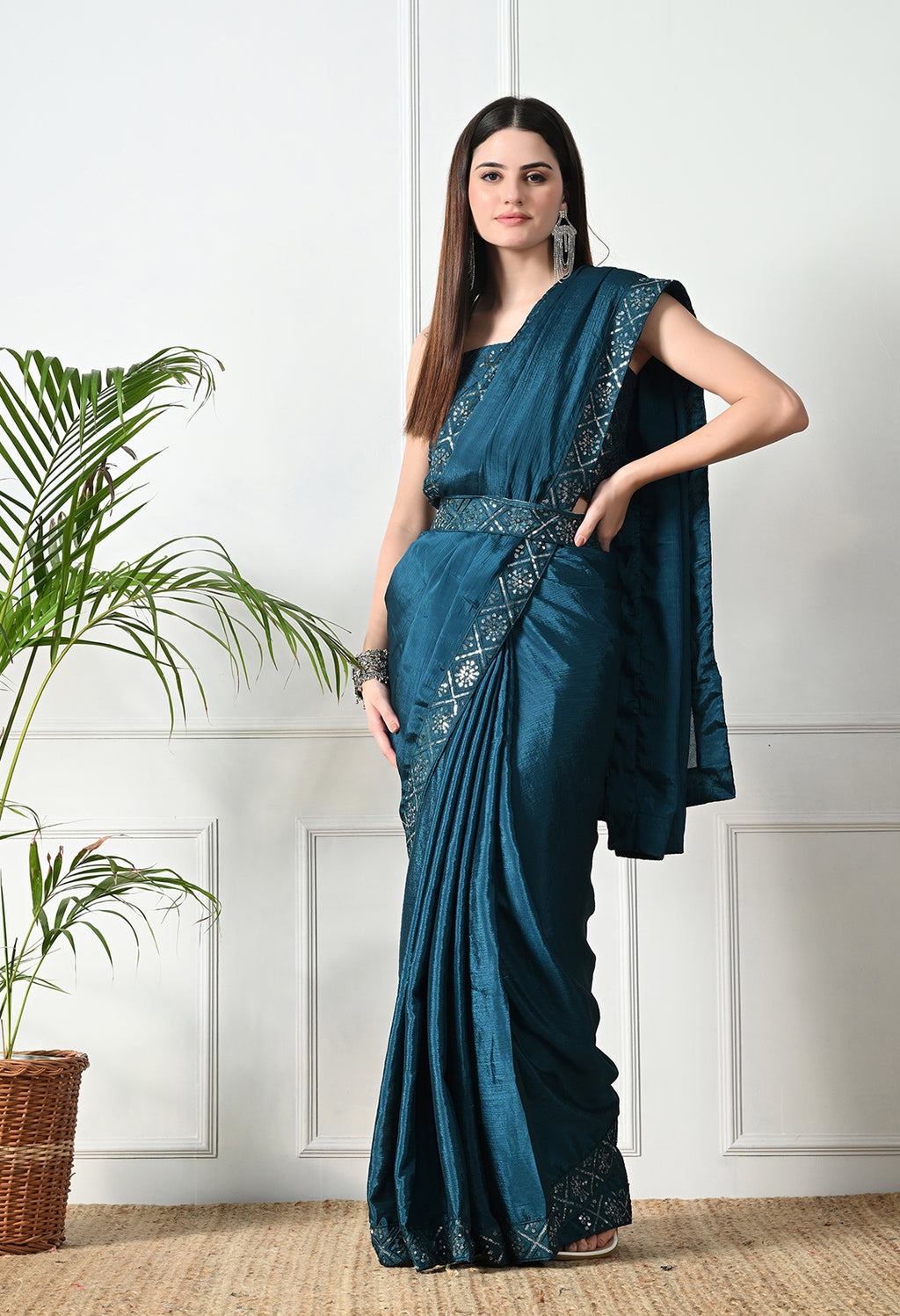 Chinon Solid Saree with Embroidered Lace Border
